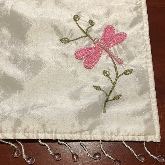 Embroidered Dragonfly Silk-Feel Table Runner - Pink/White - Picture 2 of 7